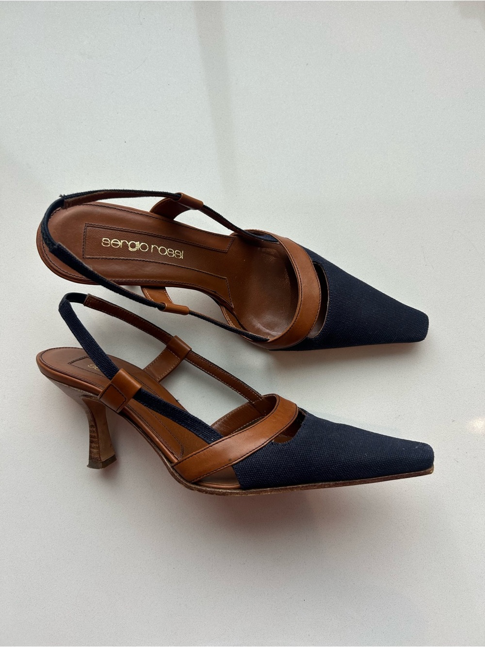 Blue Canvas and Leather Sling back heel - Picture 3 of 5